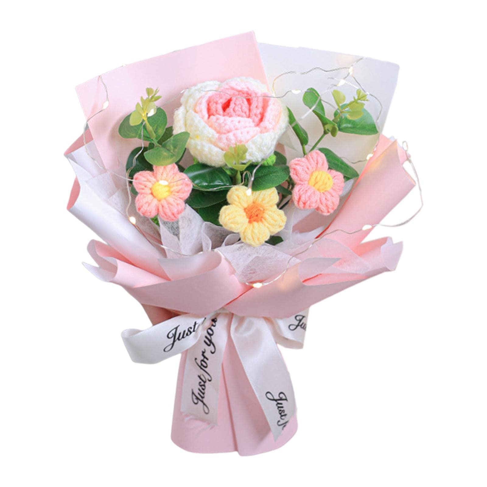 Bouquet de Fleurs Crochet Rose Tissé à la Main Polyvalent Ornement Tricoté Fête des Mères