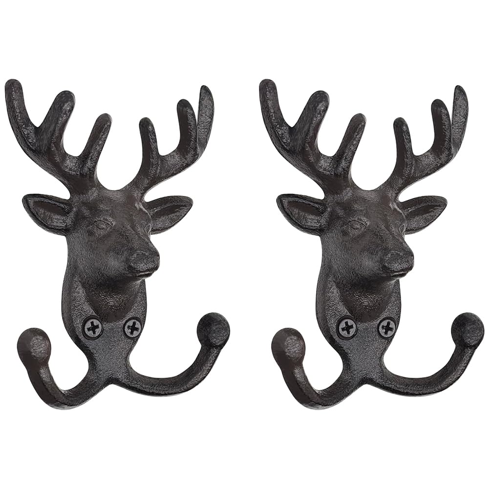 Tuidzljd Mount for Hanging Key Coat Hooks- 2 Pack Deer Head Cast Iron Wall Hooks, Vintage Animal Decor Hanger