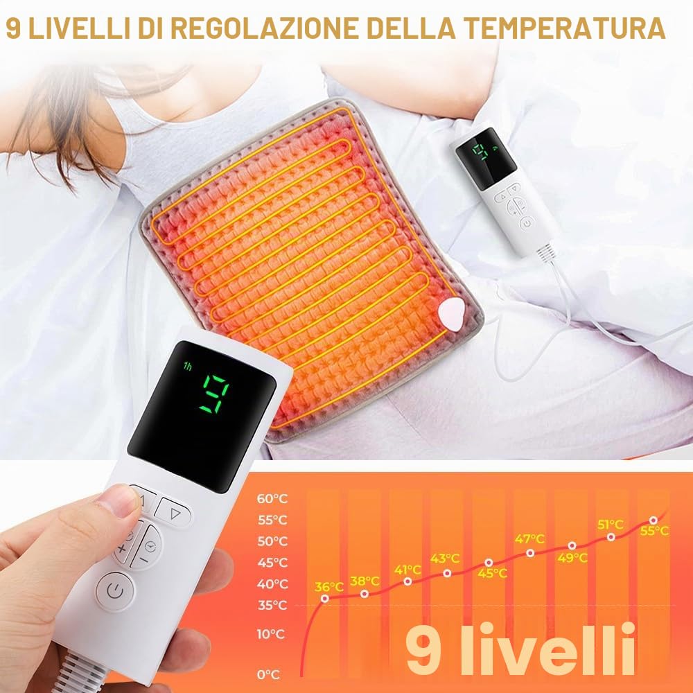 Scaldapiedi Elettrico, 9 Impostazioni di Temperatura, 4 Impostazioni del Timer, Spegnimento Automatico, Lavabile, Grigio, Flanella, 40 x 40 cm
