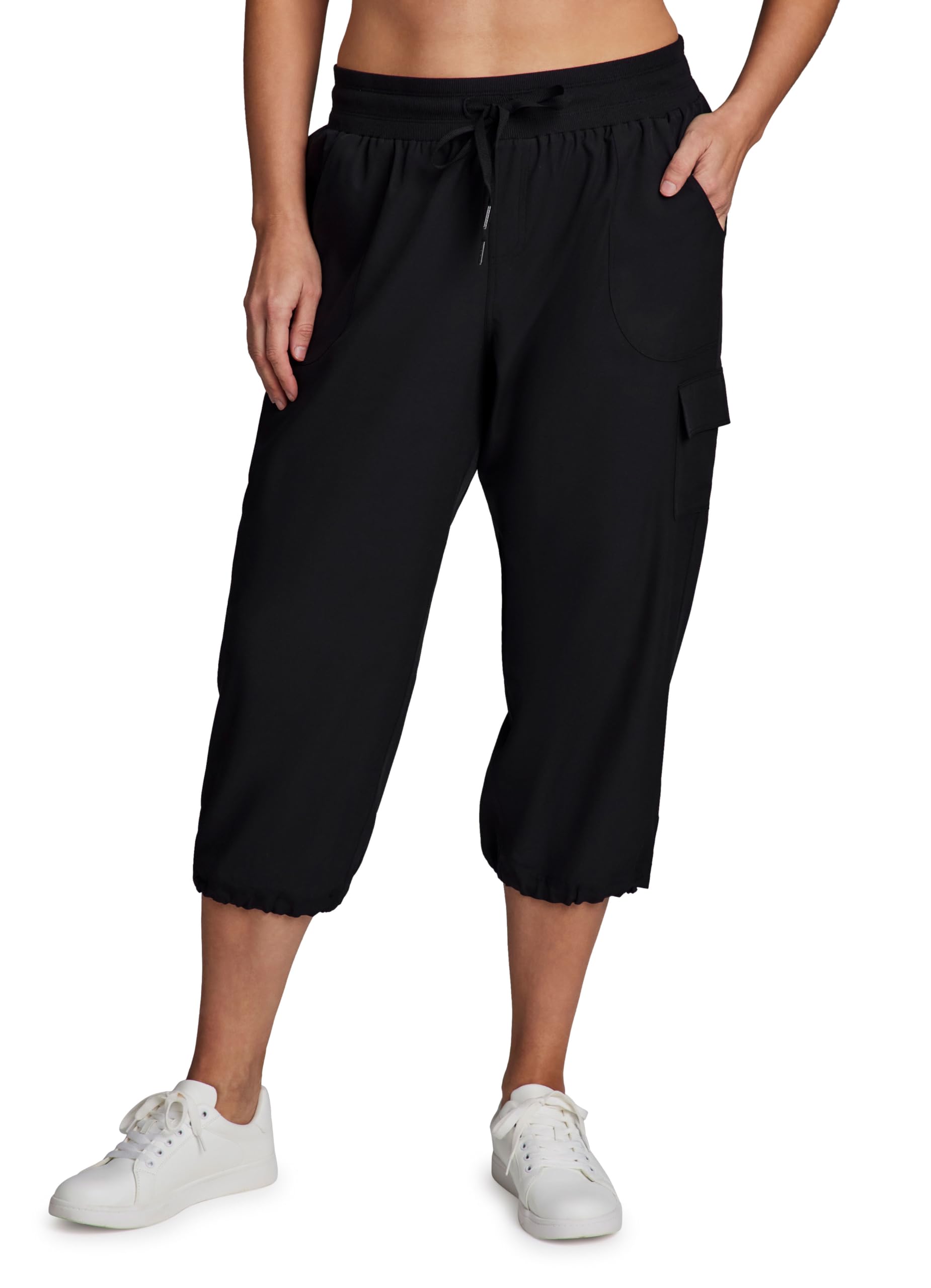 RBX Active Womens Plus Size Fashion Lightweight Woven Body Skimming Drawstring Cargo Capri Pant