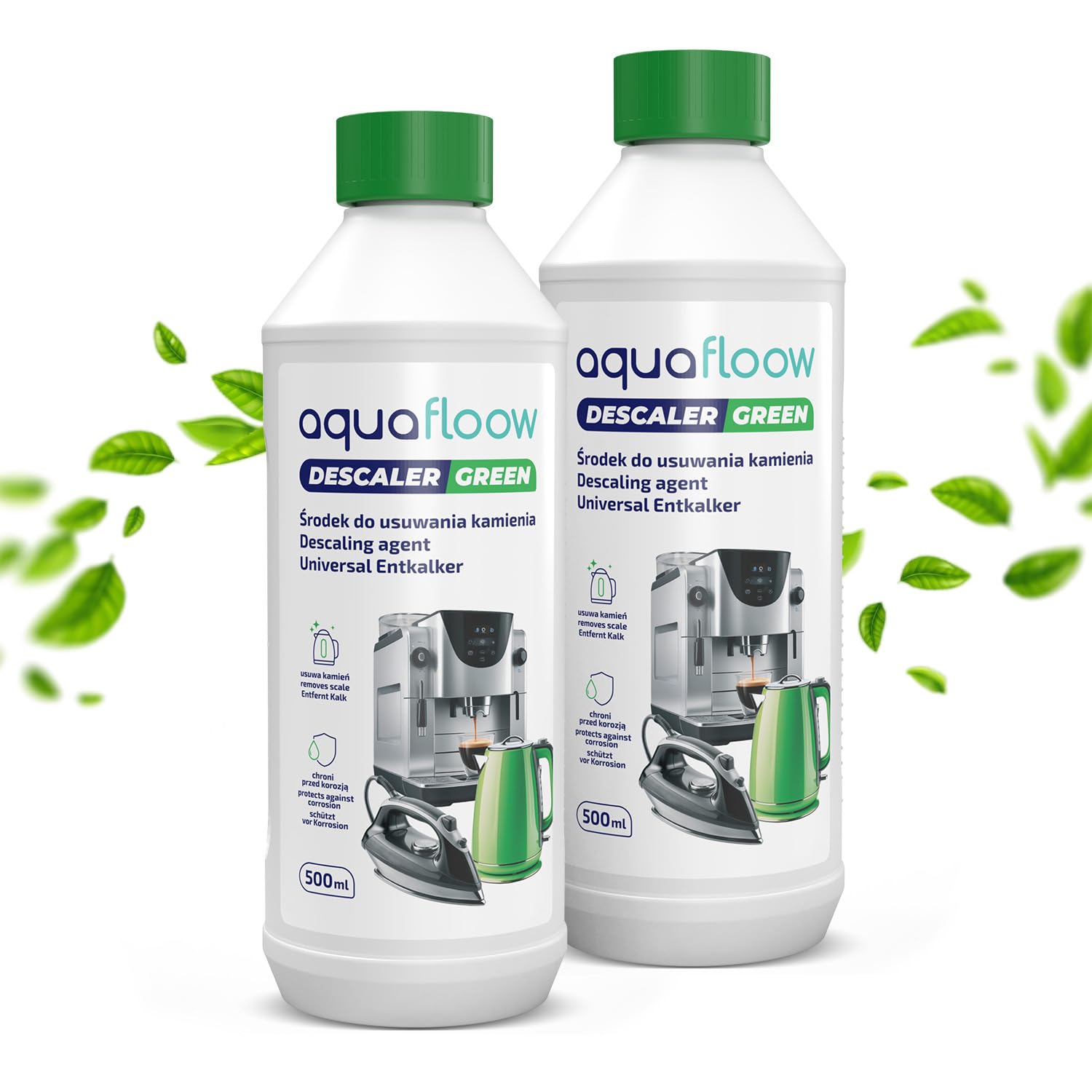 Aquafloow 2x500ml Descalcificador Liquido Ecologico Universal para Cafeteras | Descalcificación y Limpieza, Limpiador Express, Líquido Antical Máquina de Café | Compatible con Delonghi Saeco