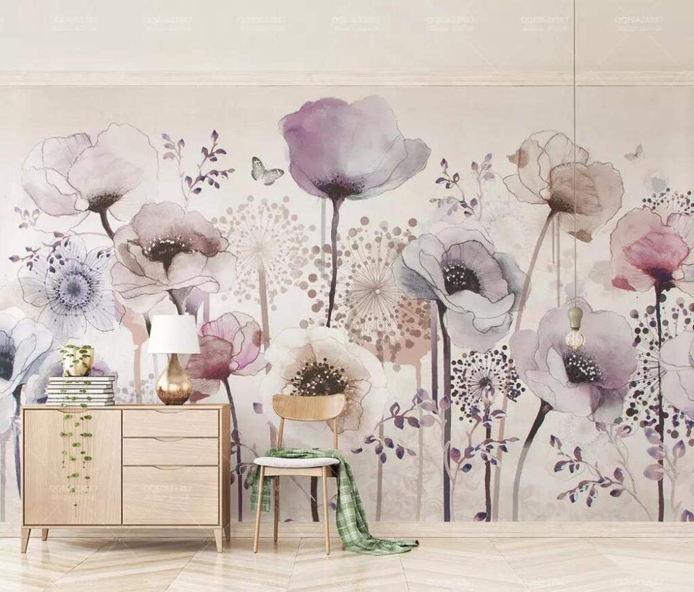Papier peint photo salon pour masquer un mur vide avec une aquarelle fleur lilas zen