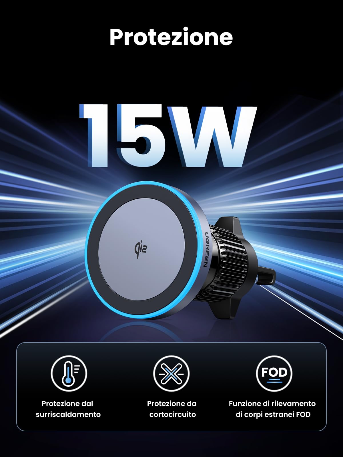 UGREEN Qi2 15W Caricatore Wireless Auto Magnetico, Porta Cellulare Magsafe d'Aria Bocchetta Compatibile con iPhone 17 Pro Max Air/16/15/14/13/12 Serie