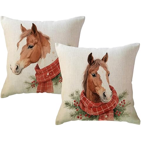 2Pack Christmas Horse Throw Pillowcases with Red Scarf Holly Berries Cushion Cover Winter Holiday Rustic Farmhouse Decorative Pillow Covers 18 x 18 Inches for Seasonal Sofa Couch Porch(Red)