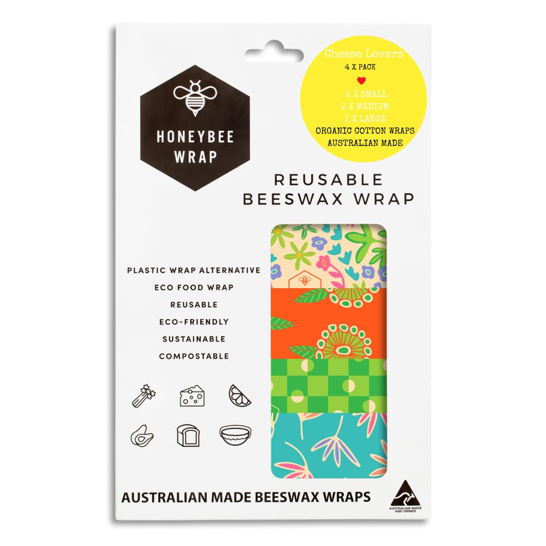 Honeybee Beeswax Wraps - Cheese Lovers Assorted Pack - Certified Organic Cotton Reusable Beeswax Wraps for Food - Plastic Wrap &amp; Sandwich Bags Alternative - 4 Pack - Small, Medium &amp; Large
