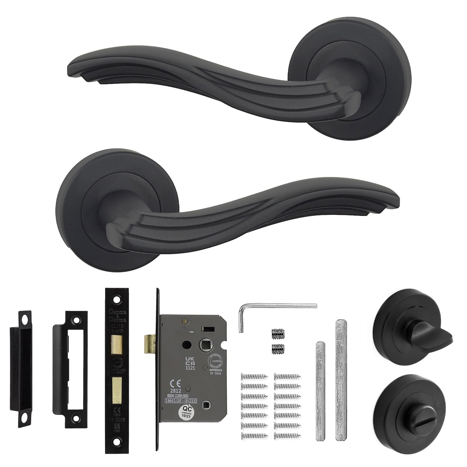 Decoranddecor Solace Black Internal Door Handles – Aluminium Matt Black Handle Sets with Bathroom Lock and Turn Release – Sleek and Durable Design for Modern Interior Doors