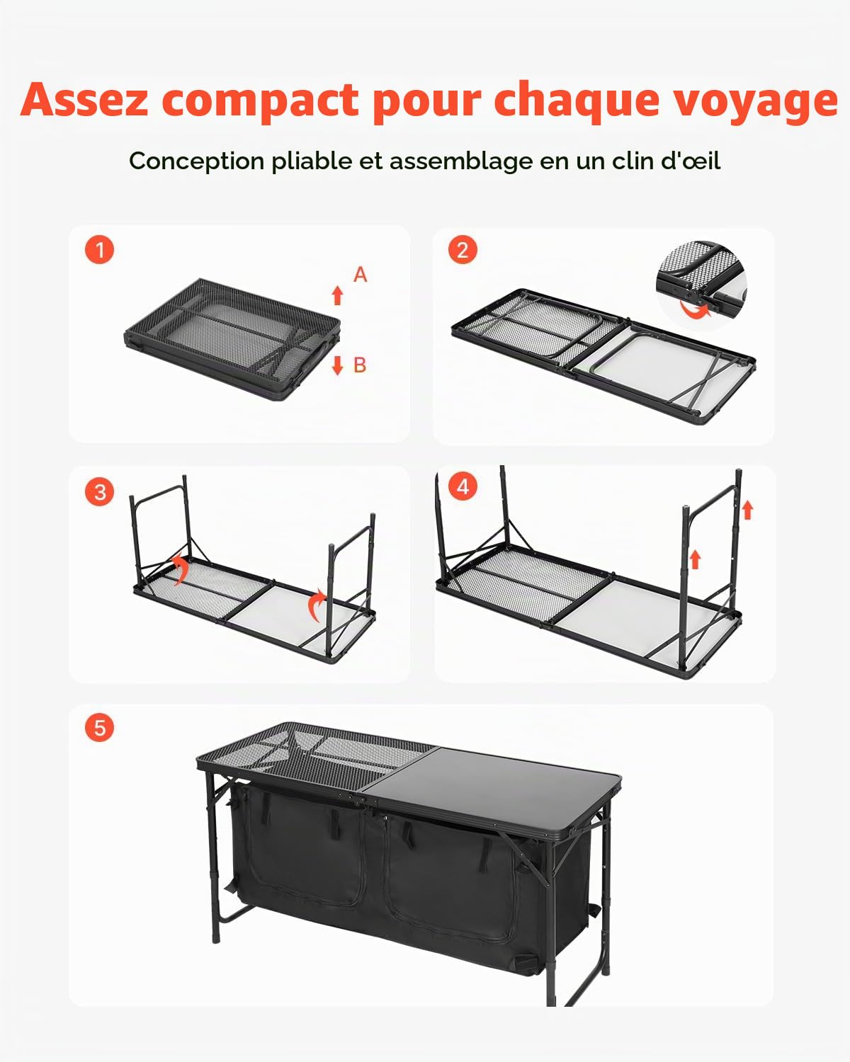 VEVOR Table de Cuisine de Camping, 3 hauteurs réglables, Table de Cuisson extérieur Pliante, Portable et légère, en Aluminium, avec Organisateur de Rangement, pour Barbecue, Pique-Nique, Voyage, Noir