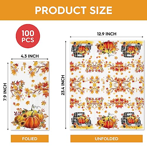 Horaldaily 100 Fall Disposable Paper Decorative Guest Napkins, Thanksgiving Watercolor Pumpkins Leaf Hand Towel for Party Lunch Dinner Kitchen Bathroom