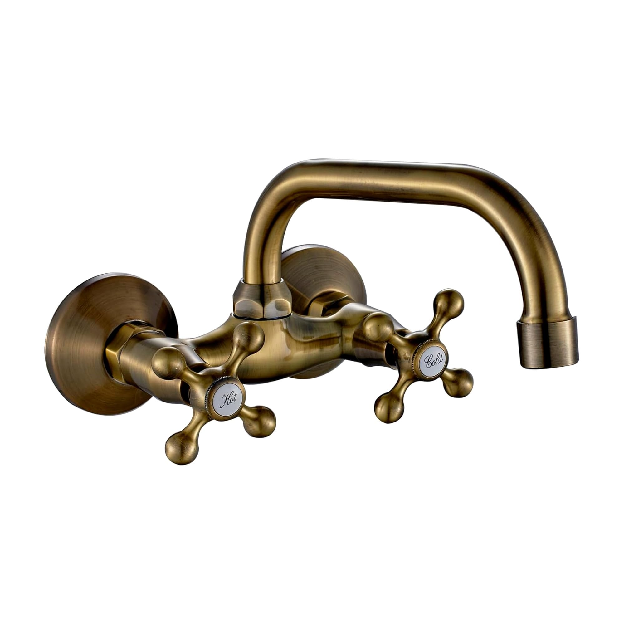Grifo de Pared para Cocina y Fregadero, Caño Giratorio 360°, Doble Maneta Retro Estilo Vintage Industrial, Latón Macizo Acabado Bronce Envejecido, Distancia entre Tomas 9,5-12,5 cm, AQG Athos Clásico