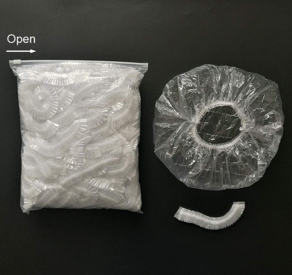 Jednorazowe czepki prysznicowe 100 opakowań, większe większe grube plastikowe wodoodporne czepki do przetwarzania włosów dla kobiet dziewcząt mężczyzn, SPA, salon fryzjerski, hotel, podróże, czepek do włosów do kąpieli Wielofunkcyjny - przezroczyste od Mr