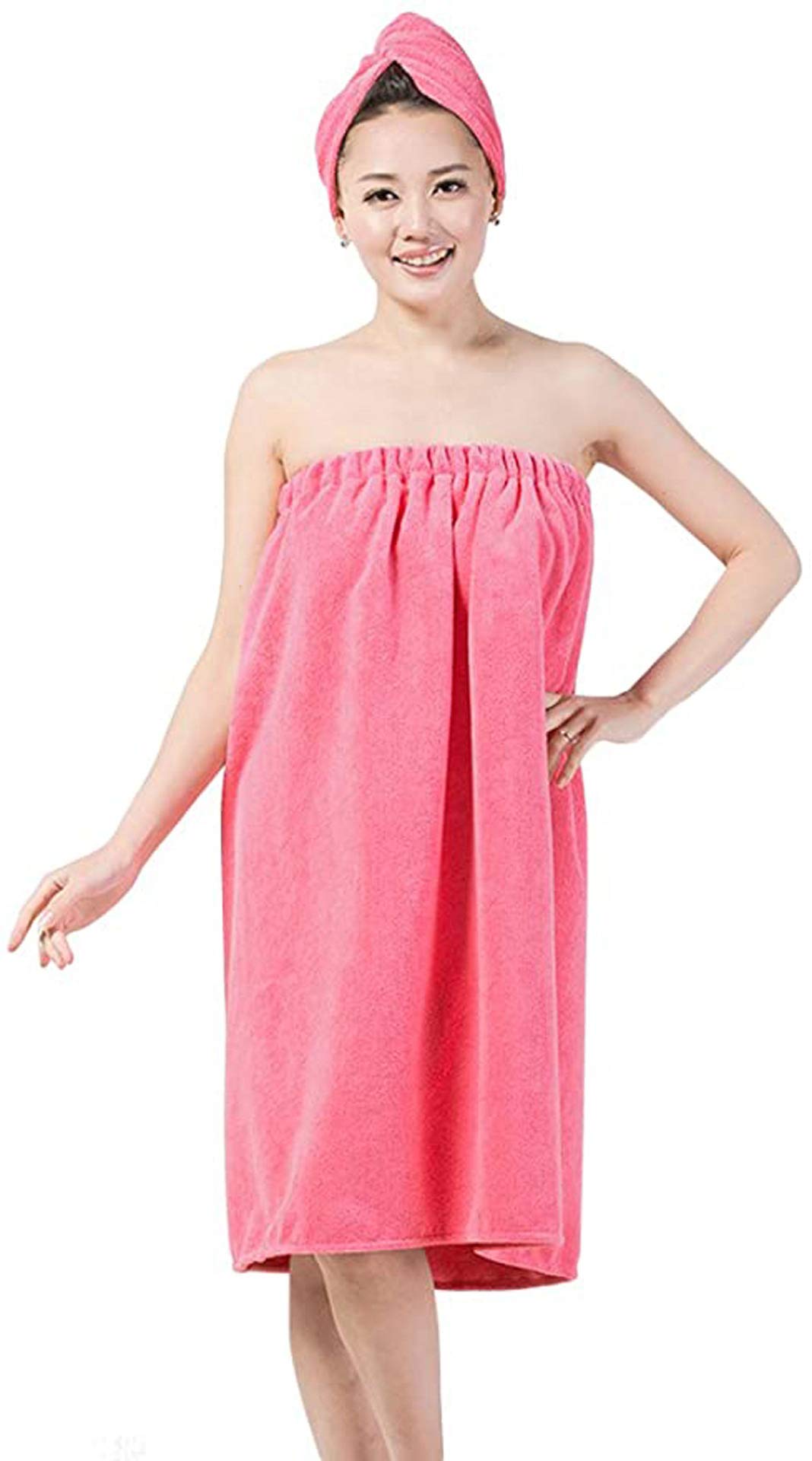 Verve Jelly Women's Rose Red 01 Spa Wrap Robe Set Soft Cozy Absorbent Microfiber Bath Towel Cover-Up Terry Bathrobe With Drying Hair Hat Turban Cap
