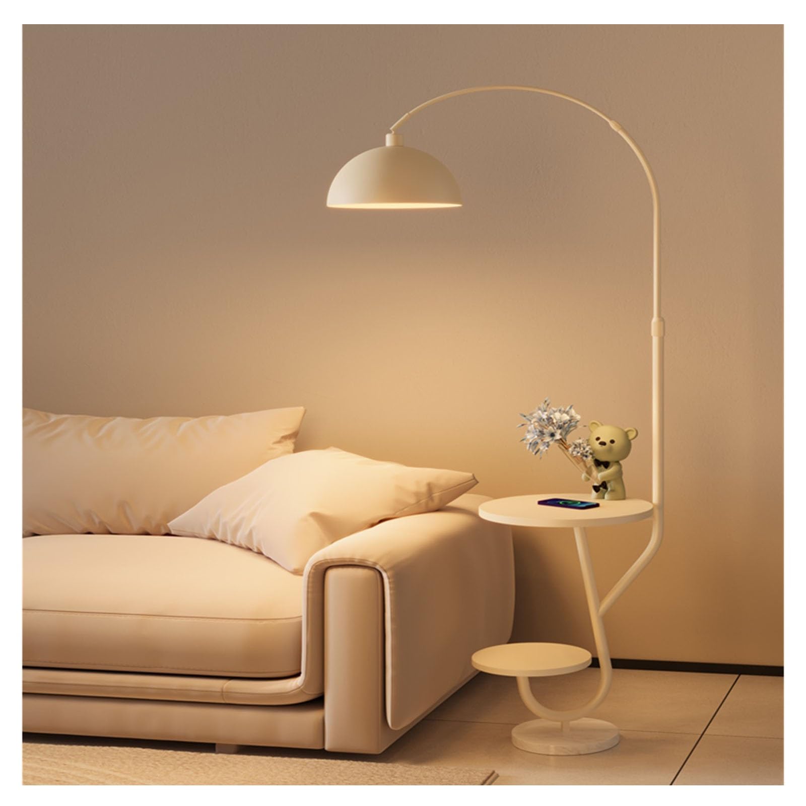 Yhxflux White Lighting Floor Lamp With Table, Rustic End With Shelves(White)