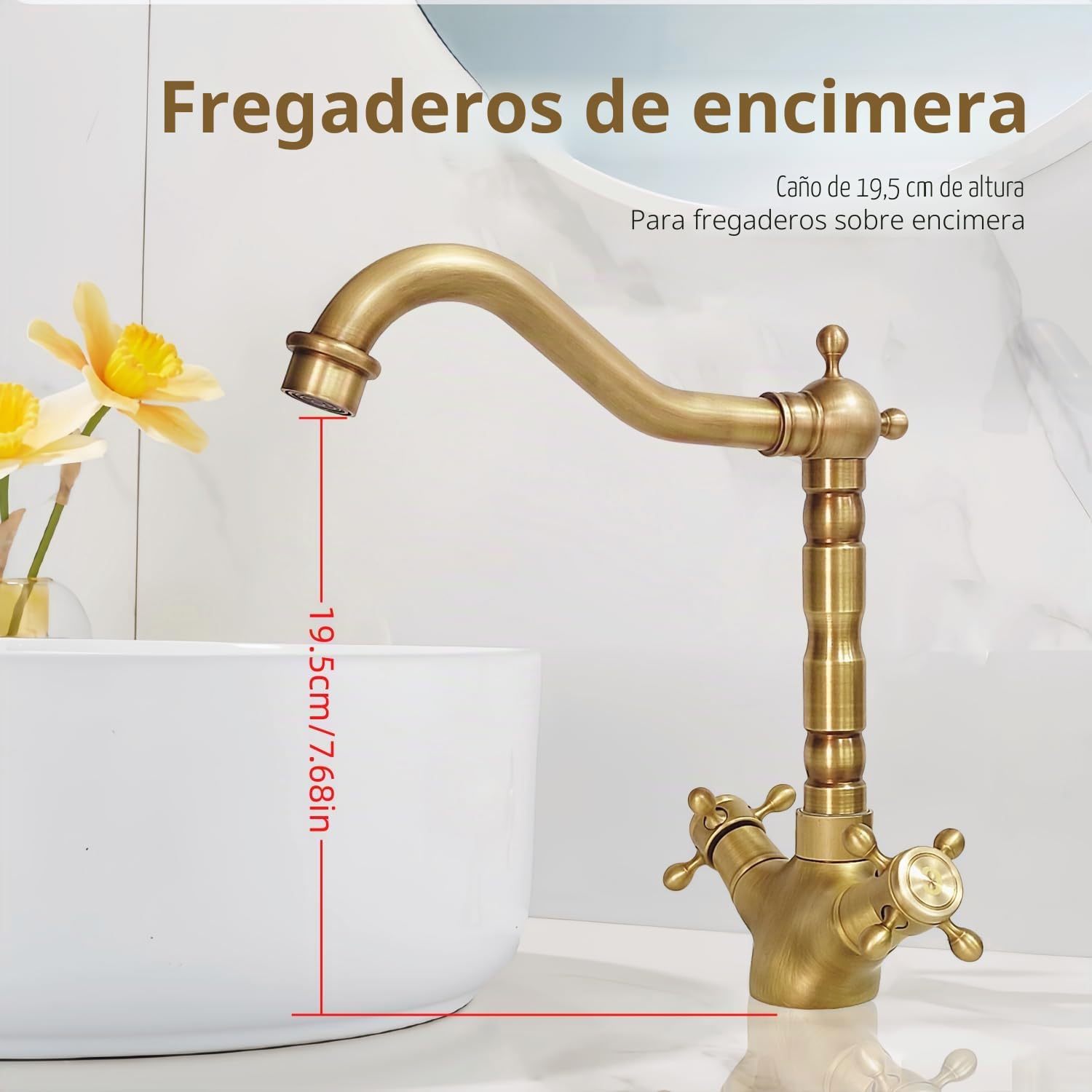 Grifo Cocina Fregadero de Latón Antiguo, Retro Grifos de Lavabo de Doble Maneta, Vintage 360° Giratorio Mezclador Bronce de Baño de Agua Caliente y Fría