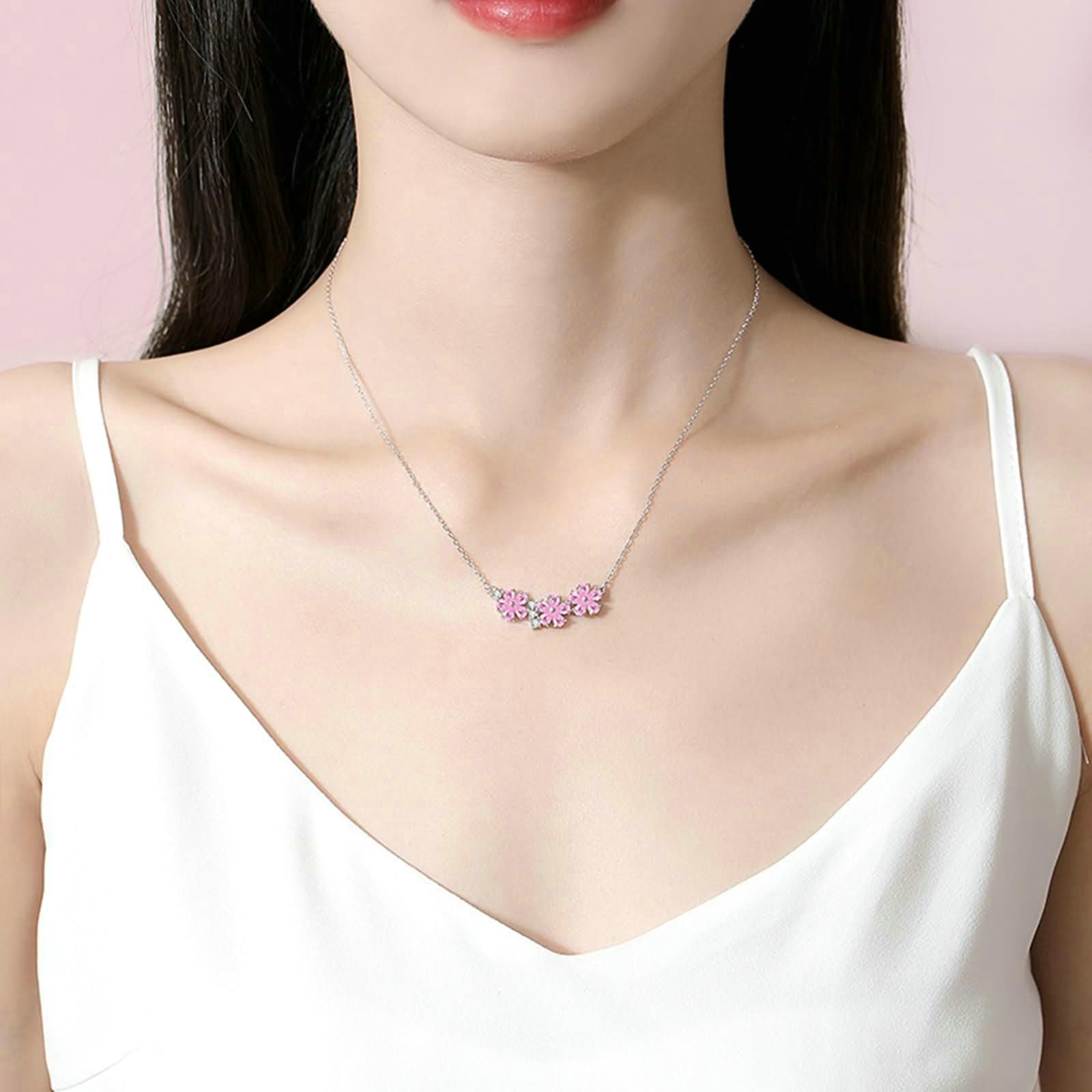 Collar de platino con colgante para mujer, colgante de flores con zafiro rosa y moissanita, collar de boda, cadena de oro blanco, 45 cm