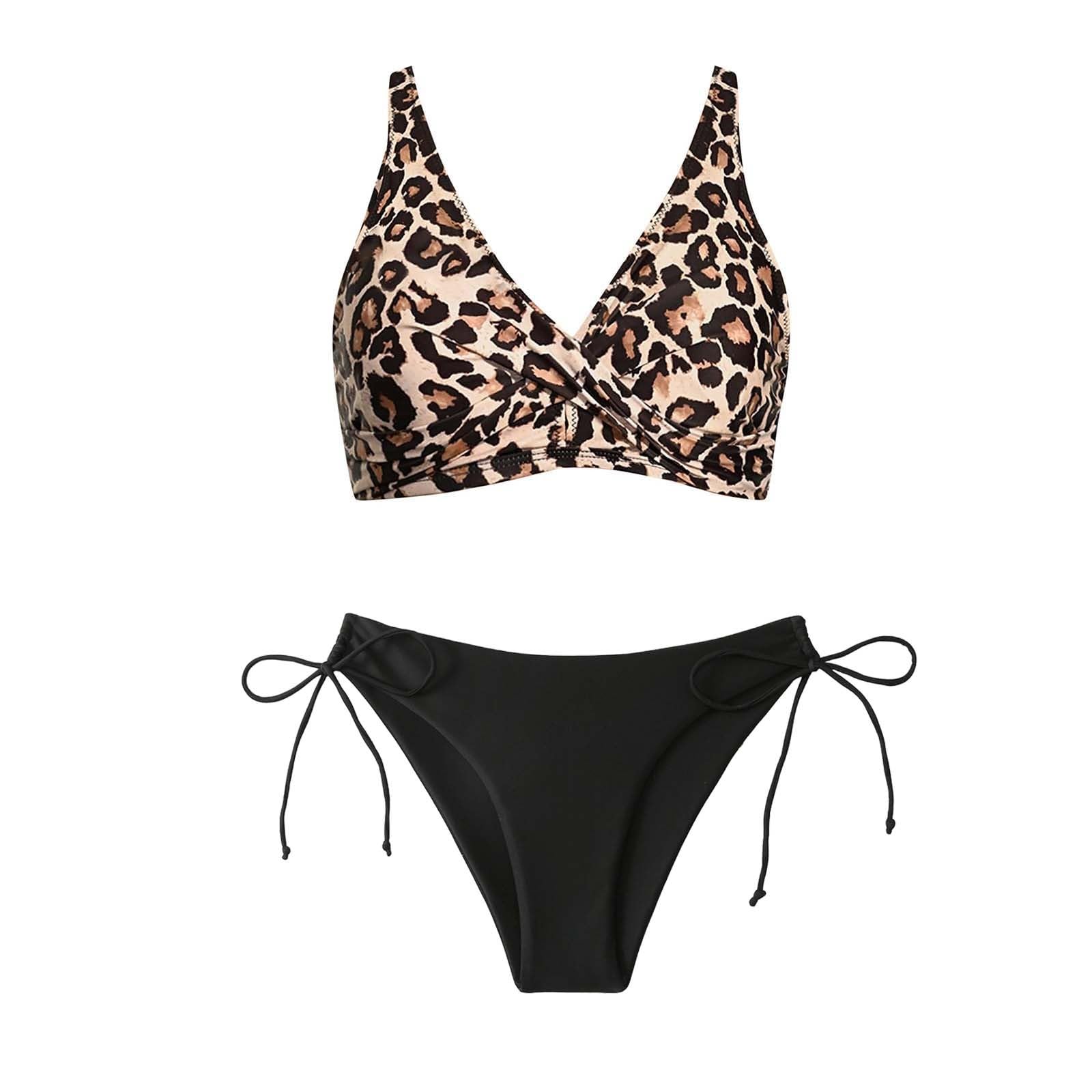 Costume da Bagno Donna Due Pezzi Bikini Set Halter Costumi Mare Reggiseno Top Triangolo Tanga Abiti Spiaggia Brasiliano Beachwear Motivo a Leopardo Swimwear