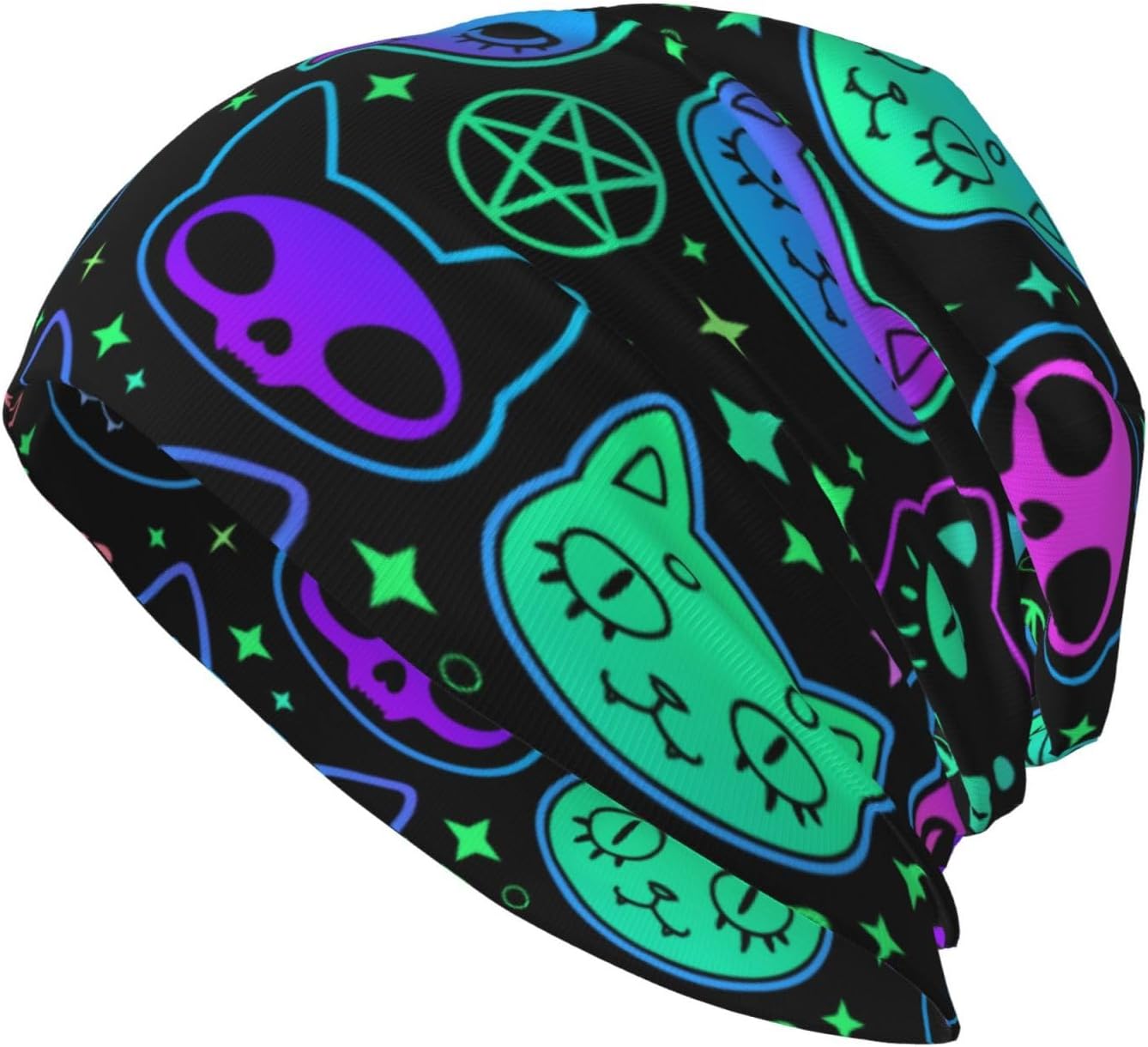 Beanie Hat Knitted Cap for Men Women,Thin Warm Knit Slouchy Cancer Hat Ski Cap Winter Warm Hip Hop Soft Skull Cap One Size Abstract Cartoon Cute Witchcraft Cat Colorful Psychodelic Neon Black
