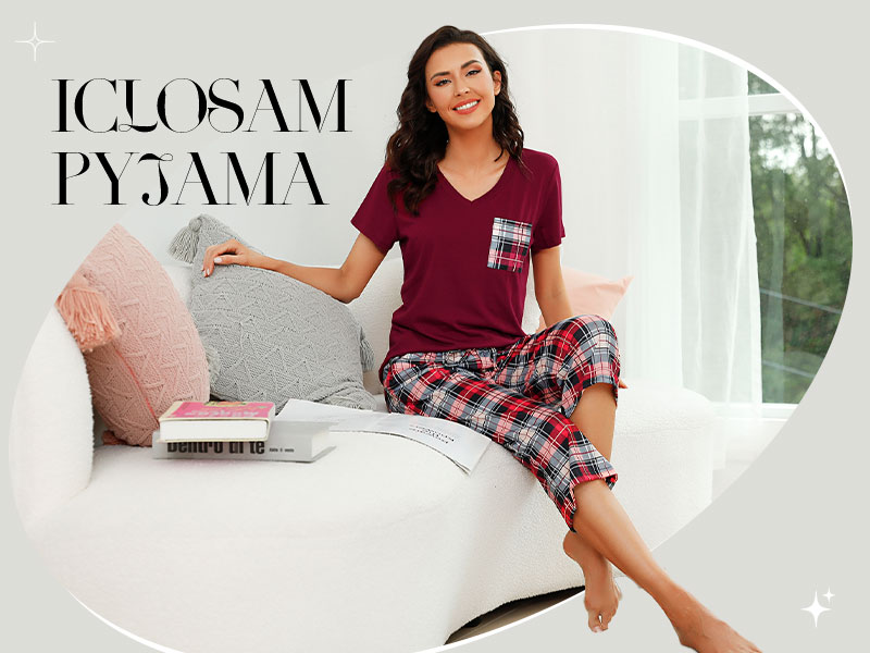 Pyjama Court Femme – Ensemble été En Coton, Manches Courtes, Col En V, Imprimé à Carreaux – Confortable Pour La Nuit