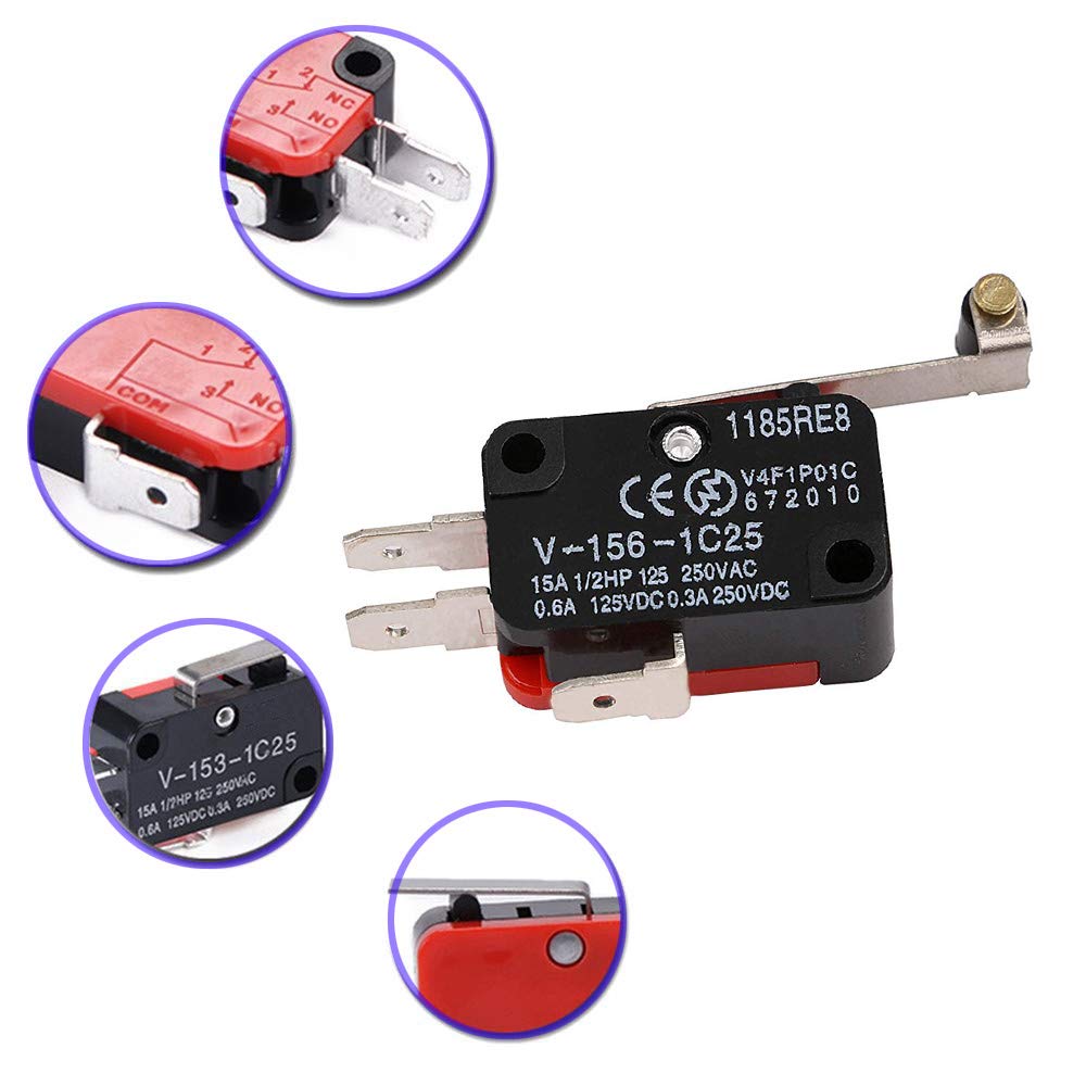 Lot De 12 Micro-interrupteurs Gebildet V-155-1C25 | Levier à Rouleau | 1NO 1NC 3 Broches | Pour Appareils électriques