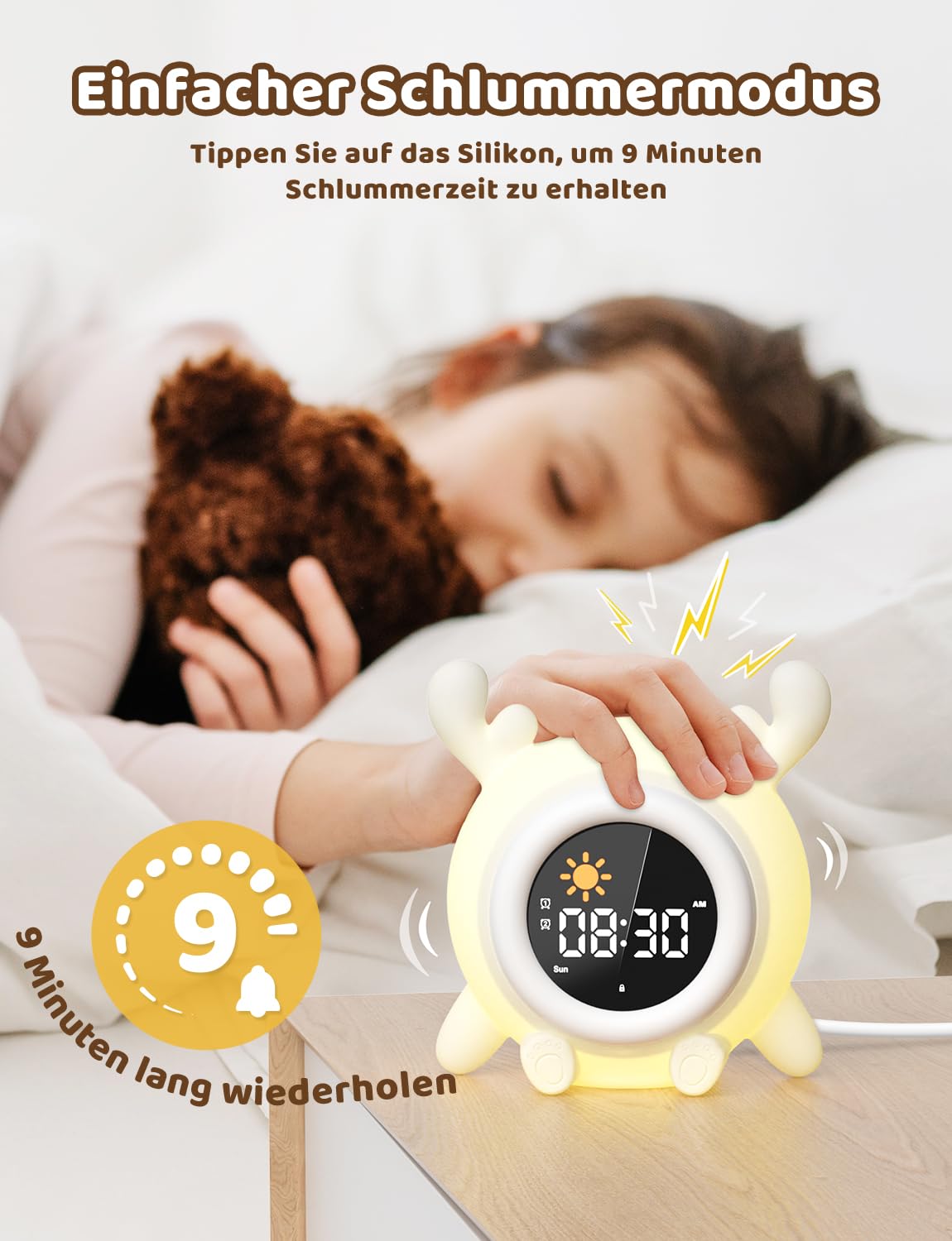 Yissvic kinderwecker Jungen, Schulanfänger Lernwecker Kinder 2 Alarme, Wochenendmodus Snooze 10 White Noise RGB Nachtlicht Wecker,Kinderzimmer Deko Rentiere