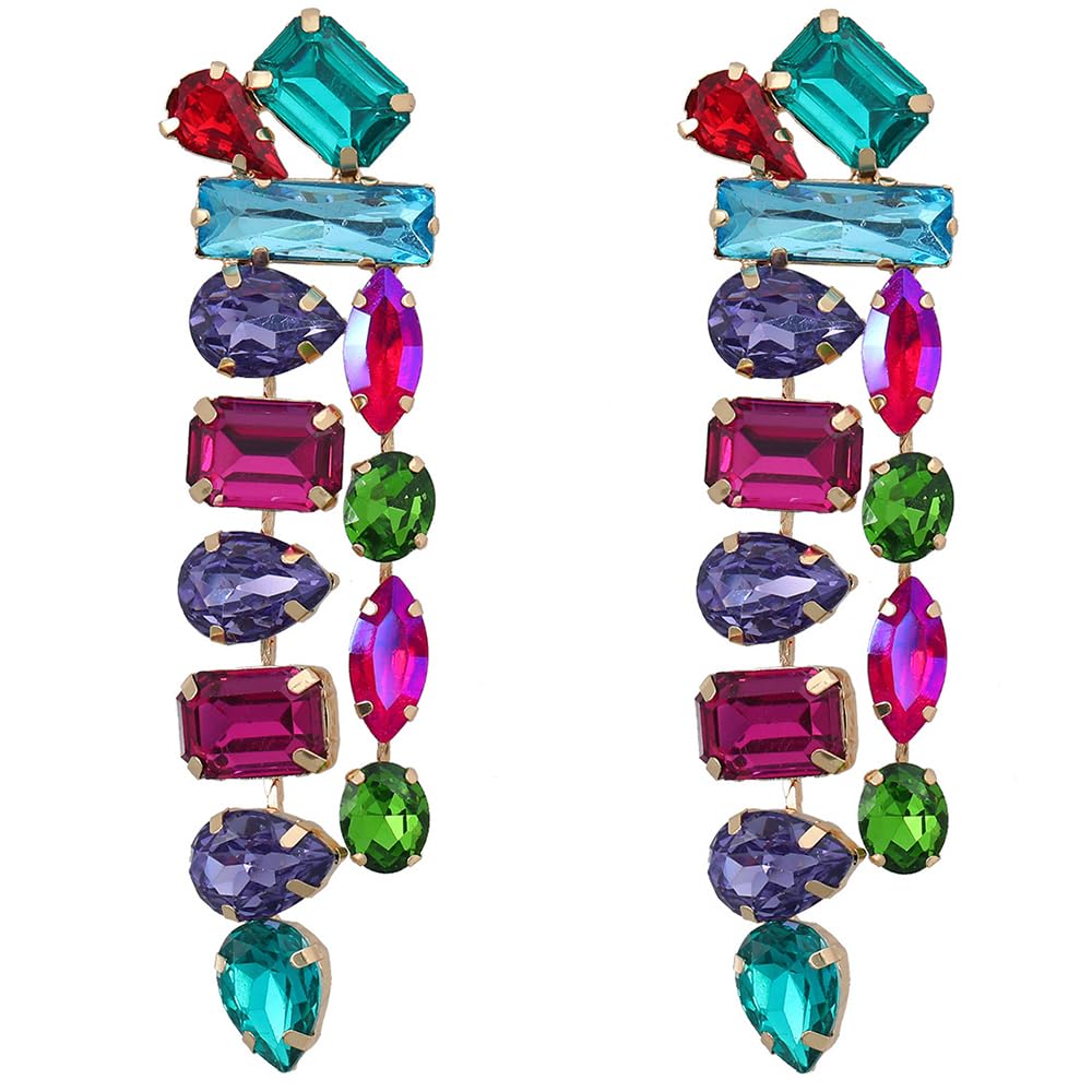 fxmimior Boho Sexy Statement Large Gold Colorful Green Rhinestones Elegant Earrings Long Tassel Full Rhinestones Long Chain Drop Dangle Prom Earrings Jewelry for Women