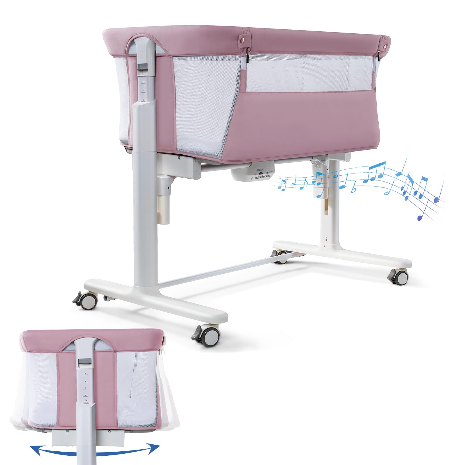 Electric Bassinet for Baby, 3 Speeds Automatic Rocking Bassinets with All mesh, 5 Height Adjustment Bedside Crib for Nweborn, 8 Music, Wheels, Pink
