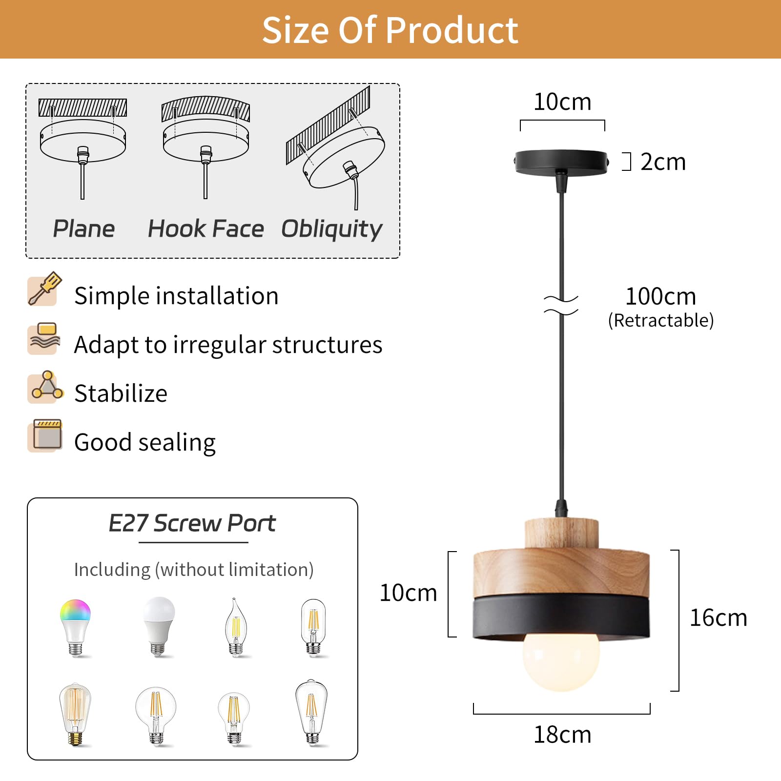 Suspension Luminaire Bois Ronde Rétro Plafonnier Design Vintage E27 Eclairage Intérieur Lumières Lustre Abat-jour Métal Moderne Lampe Suspension Art pour Salon Chambre Cuisine (Noir)