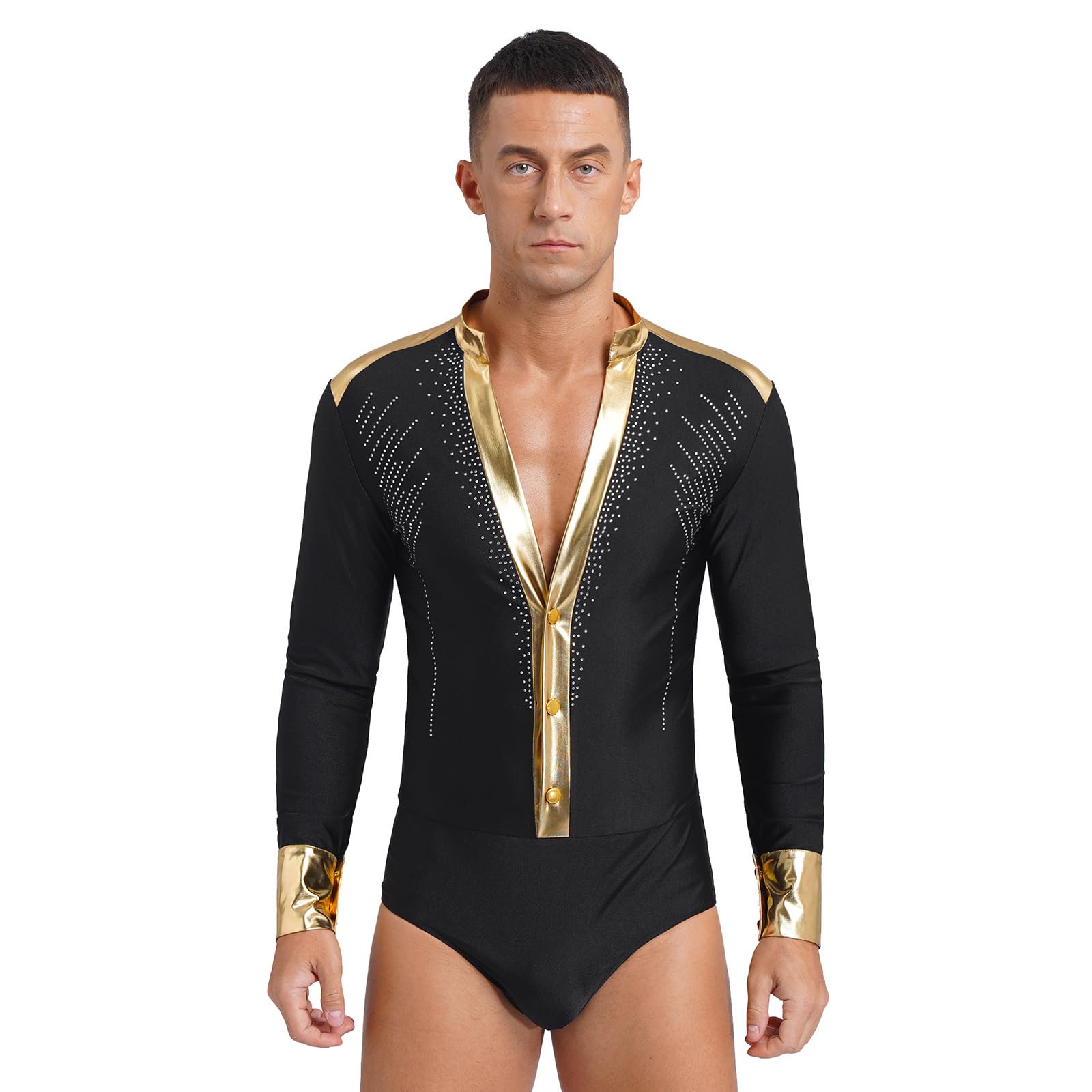 Sywiyi Body de baile estándar de manga larga para hombre, camiseta latina, salsa cha, camisa con cuello en V, disfraz de baile