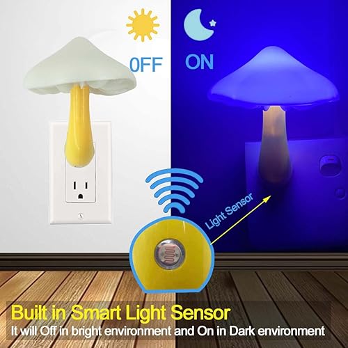 Miniatura 2 de Paquete de 2 lámparas LED de noche de hongos con sensor de atardecer a amanecer, enchufable para cama LED, bonita lámpara nocturna de hongos,