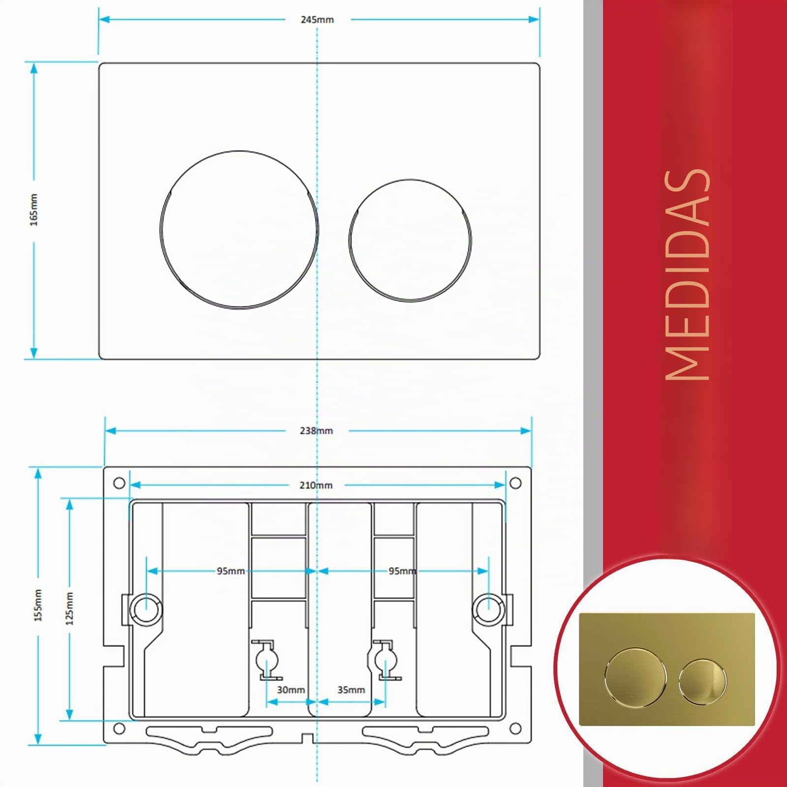 SPARES2GO Kit de placa de descarga de lujo para cisterna de inodoro empotrada con marco suspendido (latón cepillado, 245 mm x 165 mm)