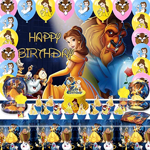 Image of Beauty and The Beast Party Supplies Birthday Party Decorations for Girls Party Favors Includes Plates and Napkins and Cups Tablecloth Balloons Kit Trays for Adult Decor for 1st 4th 5th Kids
