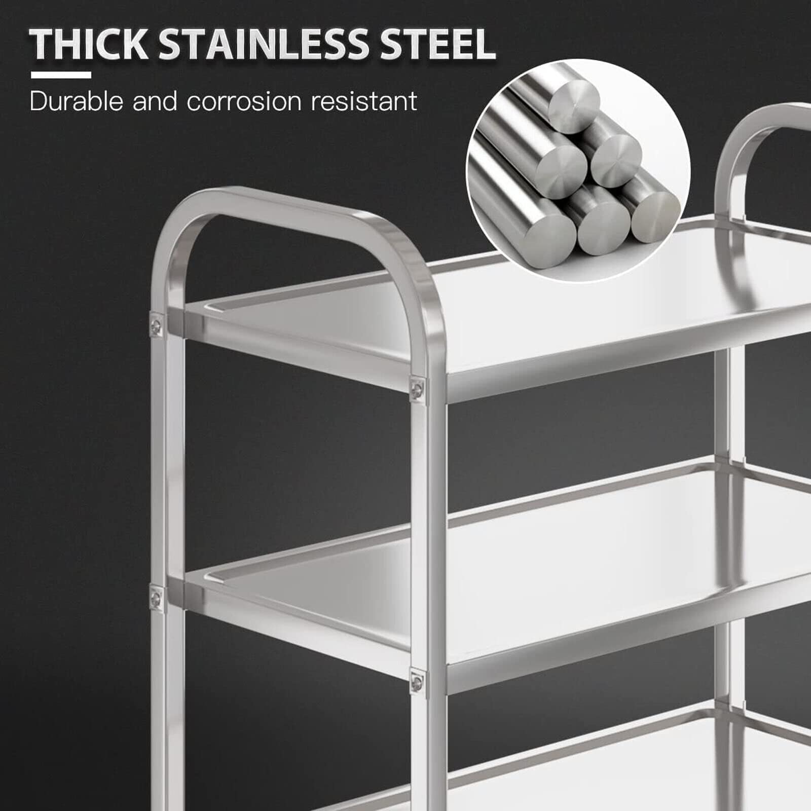Carrello da portata a 3 bordi, in acciaio inox, con 4 ruote, per ristorante, hotel, scuola, cucina, 75 x 40 x 83,5 cm