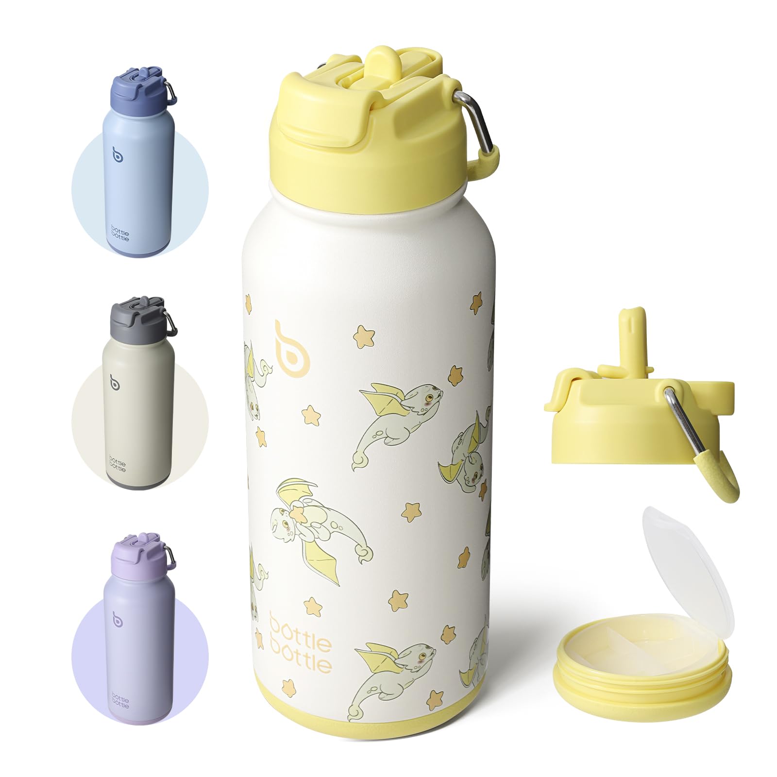 BOTTLE BOTTLE Edelstahl Trinkflasche 1L mit Strohhalm – Auslaufsichere Isolierflasche für Sport & Fitnessstudio, mit Pillenfach, BPA-frei, doppelwandig (Stella)