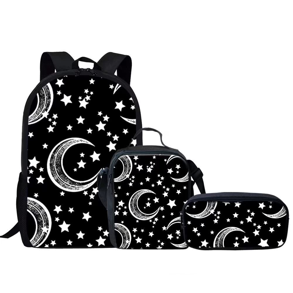 KEIAHUANMoon&Star Printed Backpack for Kids Boys Girls Bookbag School Backpack Set with Lunch Box and Pencil Bag,Set of 3