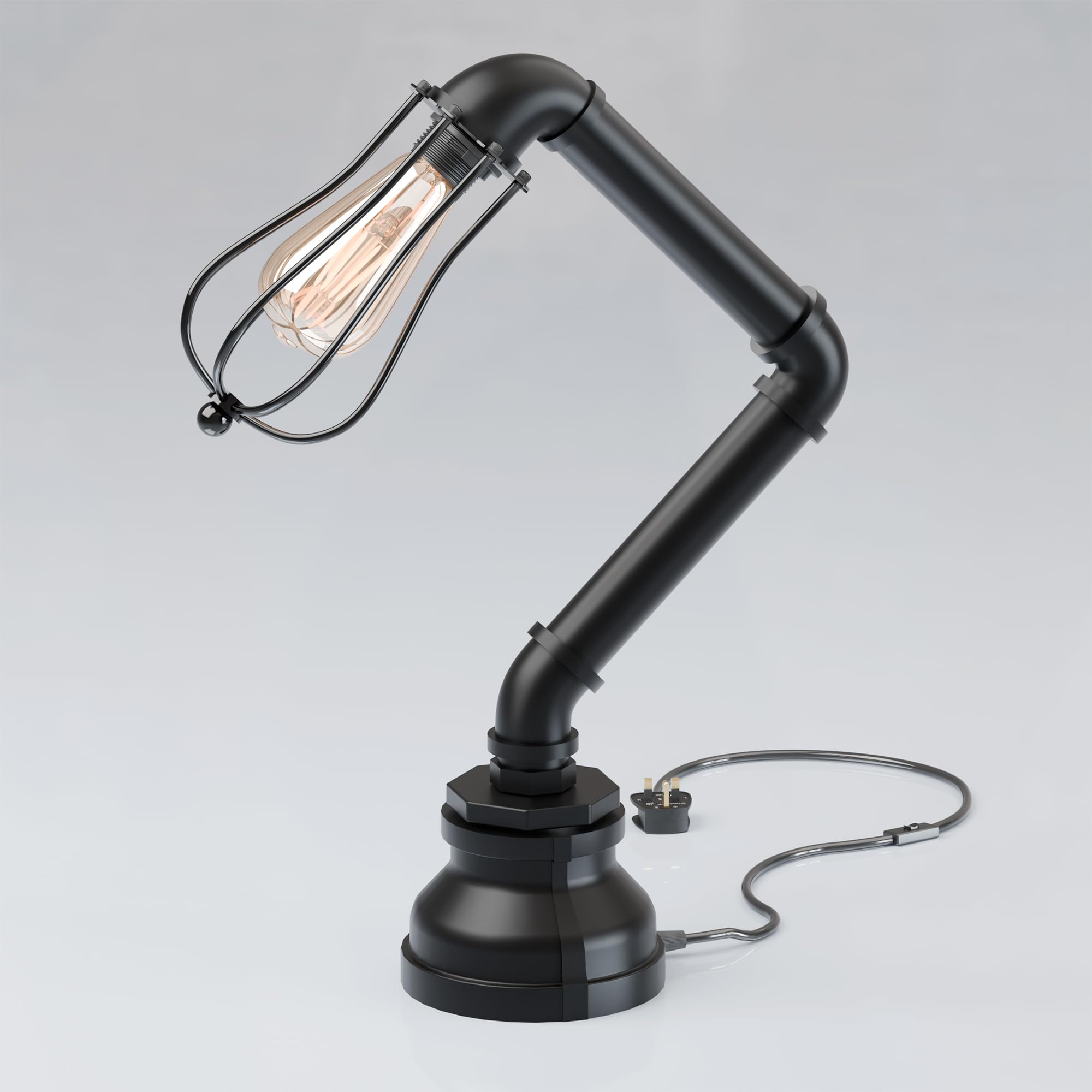 LEDSone Industrial Retro Steampunk Water Pipe Table Lamp, Vintage Metal E27 Bedside Desk Light, Rustic Robot Style Desk Lamp for Bedroom, Office, Nightstand, Bar, Café (Black - Cage Shade)