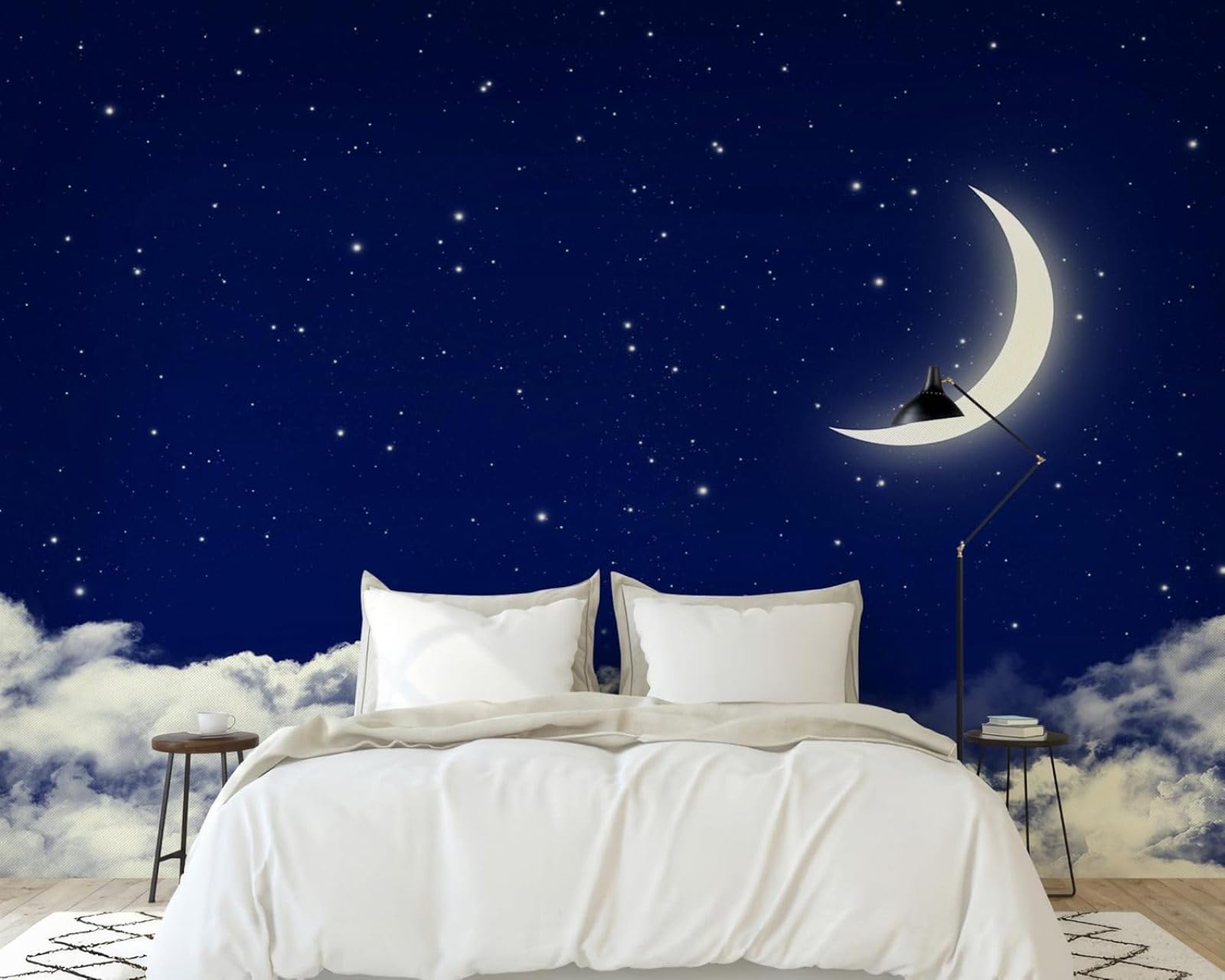 Hgjdjhnf 3D Mural Photo Mural - Wallpaper Night Sky Moon Stars Clouds Modern Wall Living Room Bedroom Children's Room Wall Decoration Motif,350Cmx256cm Poster - Wall Sticker - Frameless Picture