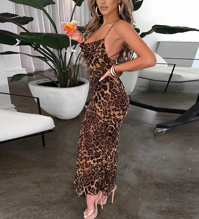 Women Backless Maxi Dress Sexy Sleeveless Leopard Cocktail Dresses Bodycon Spaghetti Strap Party Long Dress4