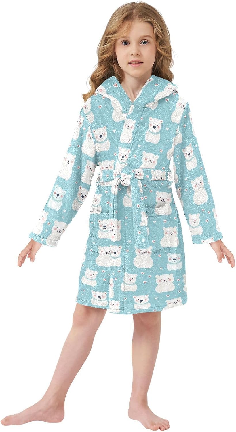 senya White Bear Heart Toddler Hooded Bathrobe Kids Soft Plush Bath Towel Robes for Boys Girls 2-12 Years