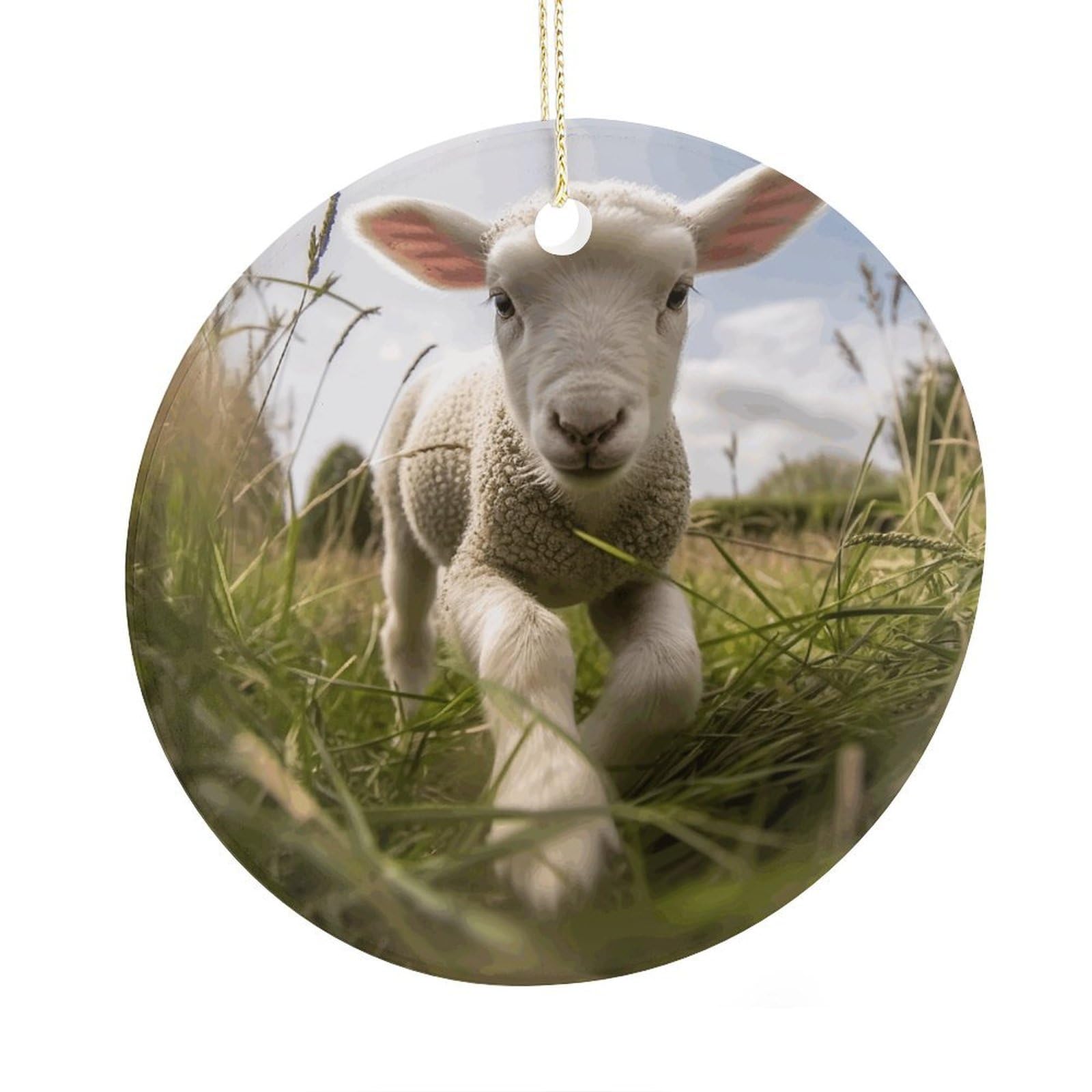 Adfgyerh Style Sheep Running On Grass Ceramic Circular Pendant,2.9 Inch，Hanging Ornament，Gift Exchange Idea Round Ceramic Ornament,For Mom And Daughter，For Home Indoor Outdoor Decor.