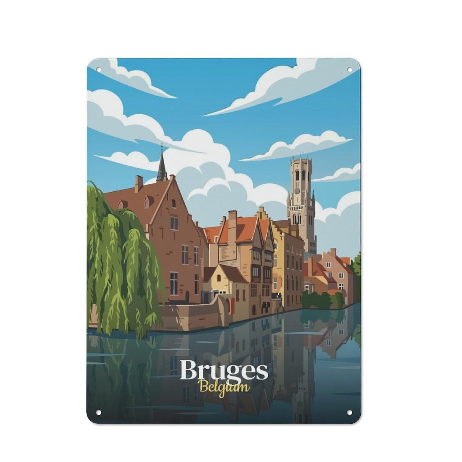 Junmoney Style-1 40X30cm Rustic Metal Wall Sign With Bruges, Belgium Travel For Living Room Wall, Metal Sign Decor For Living Rooms And Feature Walls