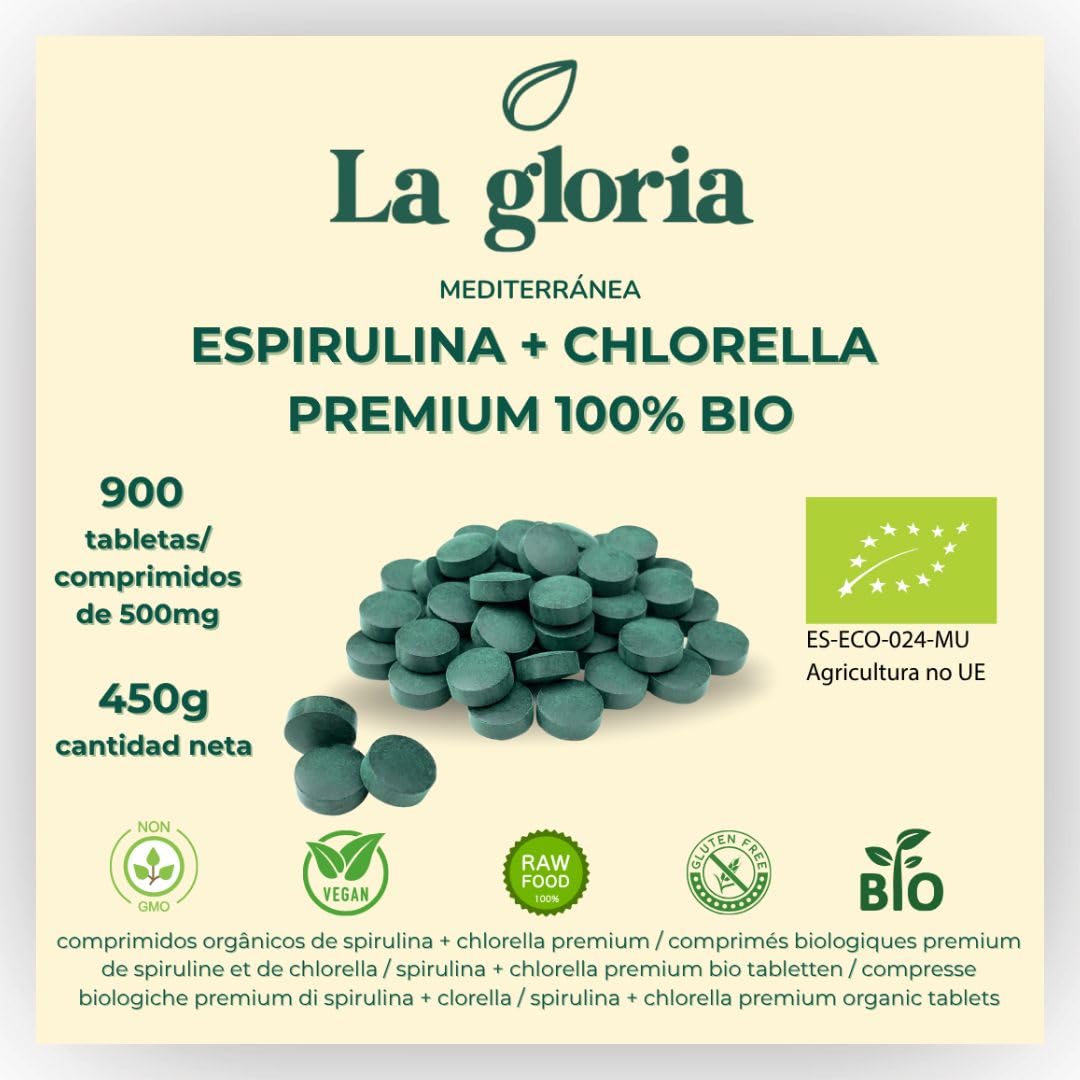 Espirulina y Chlorella Bio 900 Comprimidos | 225 días | Microalgas Ecológicas Detox, Proteína Vegetal Natural, Suplemento Vegano Energizante – La Gloria Mediterránea