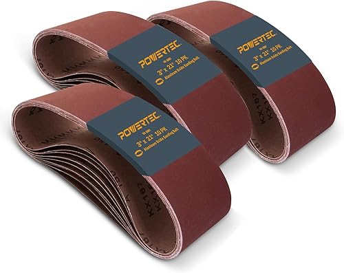 POWERTEC Correas de lijado de 3 x 21 pulgadas, paquete de 30, 10 de cada grano 40/60/80 de papel de lija de óxido de aluminio, correa de lijado de