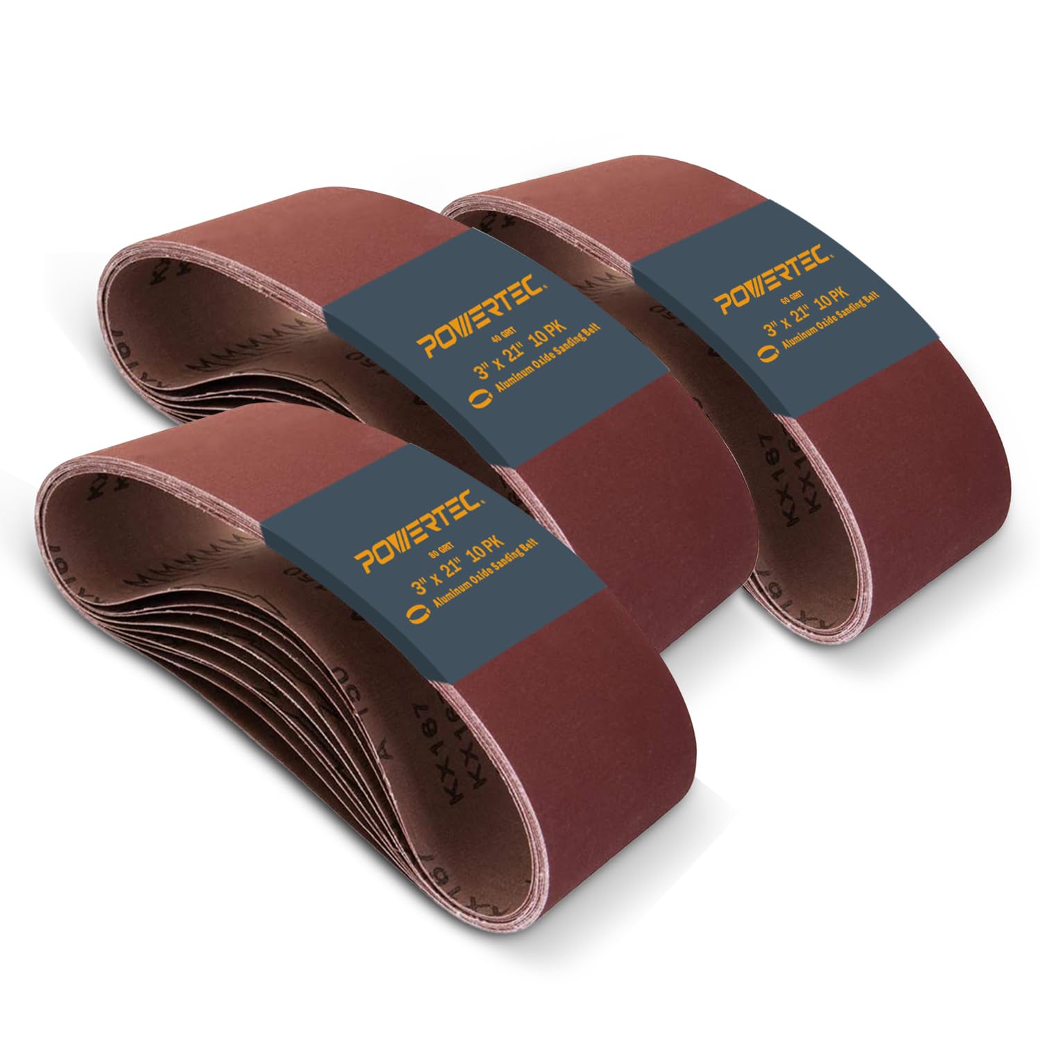 POWERTEC 3 x 21 Inch Sanding Belts, 30PK, 10 Each of 40/60/80 Grits Aluminum Oxide Sandpaper, 3x21 Sanding Belt for Portable Belt Sander, Woodworking,