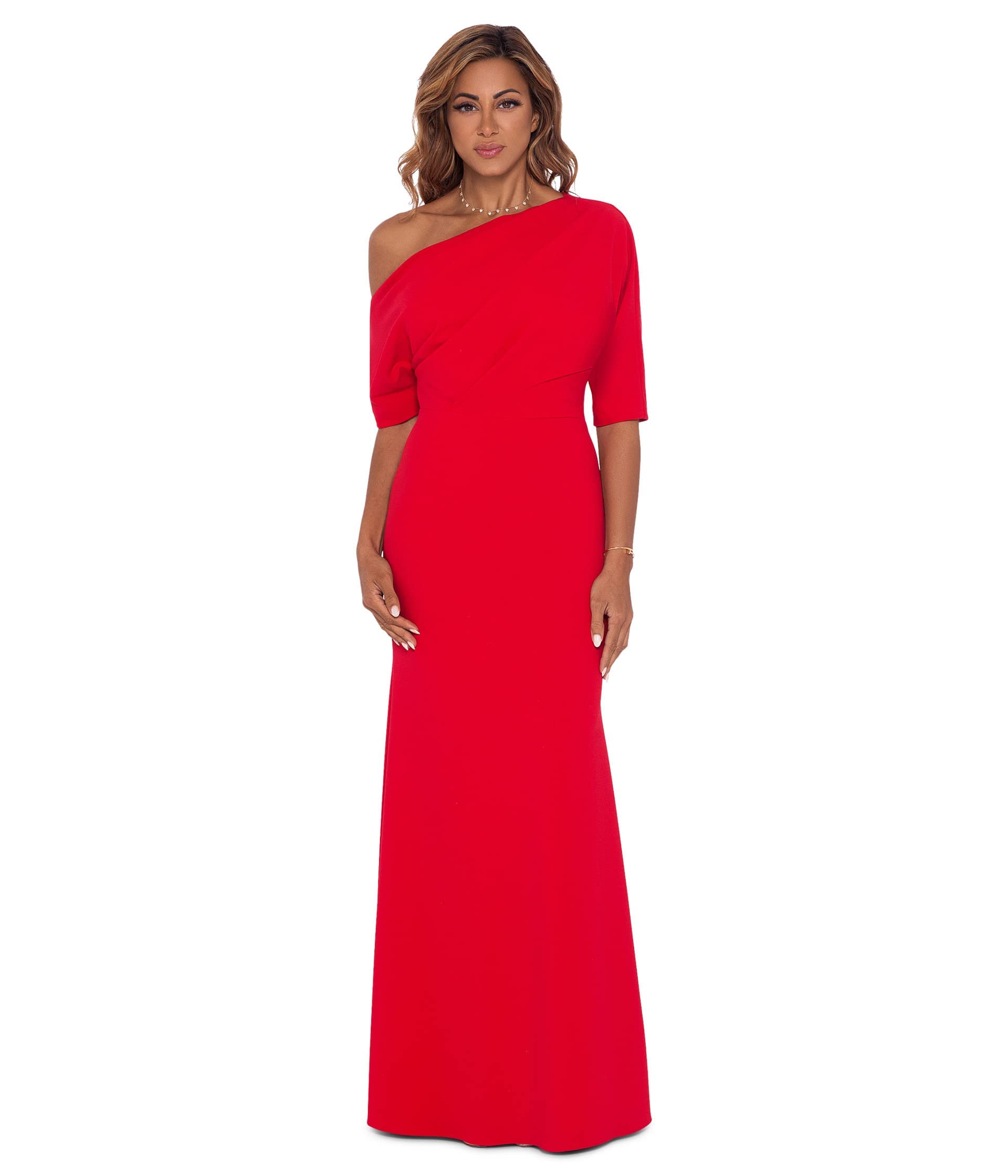 Betsy & Adam Womens Drop Shoulder Draped Floor Length Dress