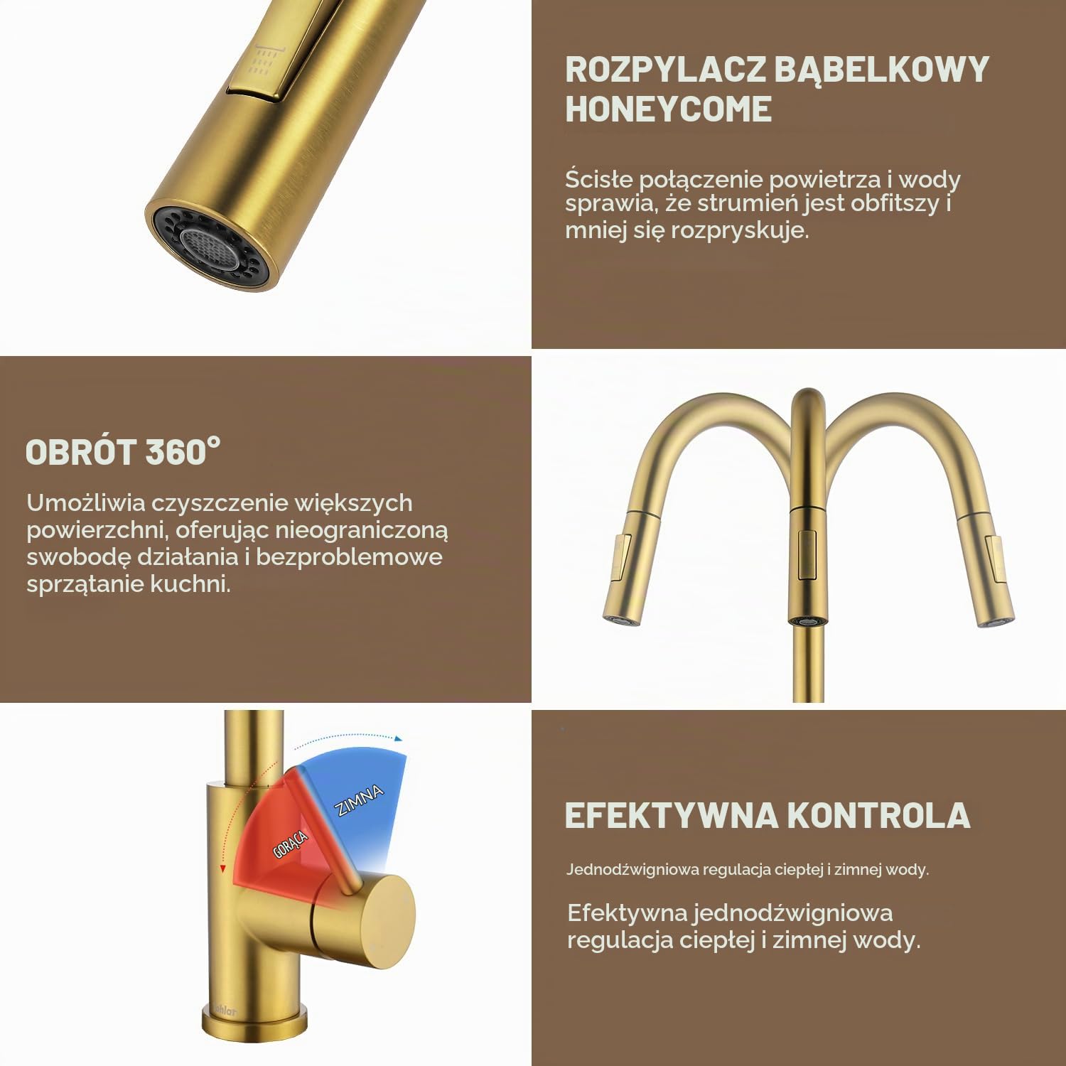 Tohlar Złote baterie kuchenne z wyciąganym opryskiwaczem, nowoczesny kran ze stali nierdzewnej z pojedynczym uchwytem, wyciągany kran kuchenny z płytą pokładową, szczotkowane złoto