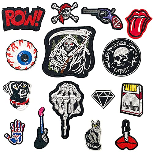 SarahHey 15 Pcs Rock Punk Band Patch Set Punk Sew on & Iron on Patches Assorted Punk Embroidered Patches Skull Eye Ball Pattern for Halloween Jackets Hat Clothing Bags Decoration, Christmas Gifts