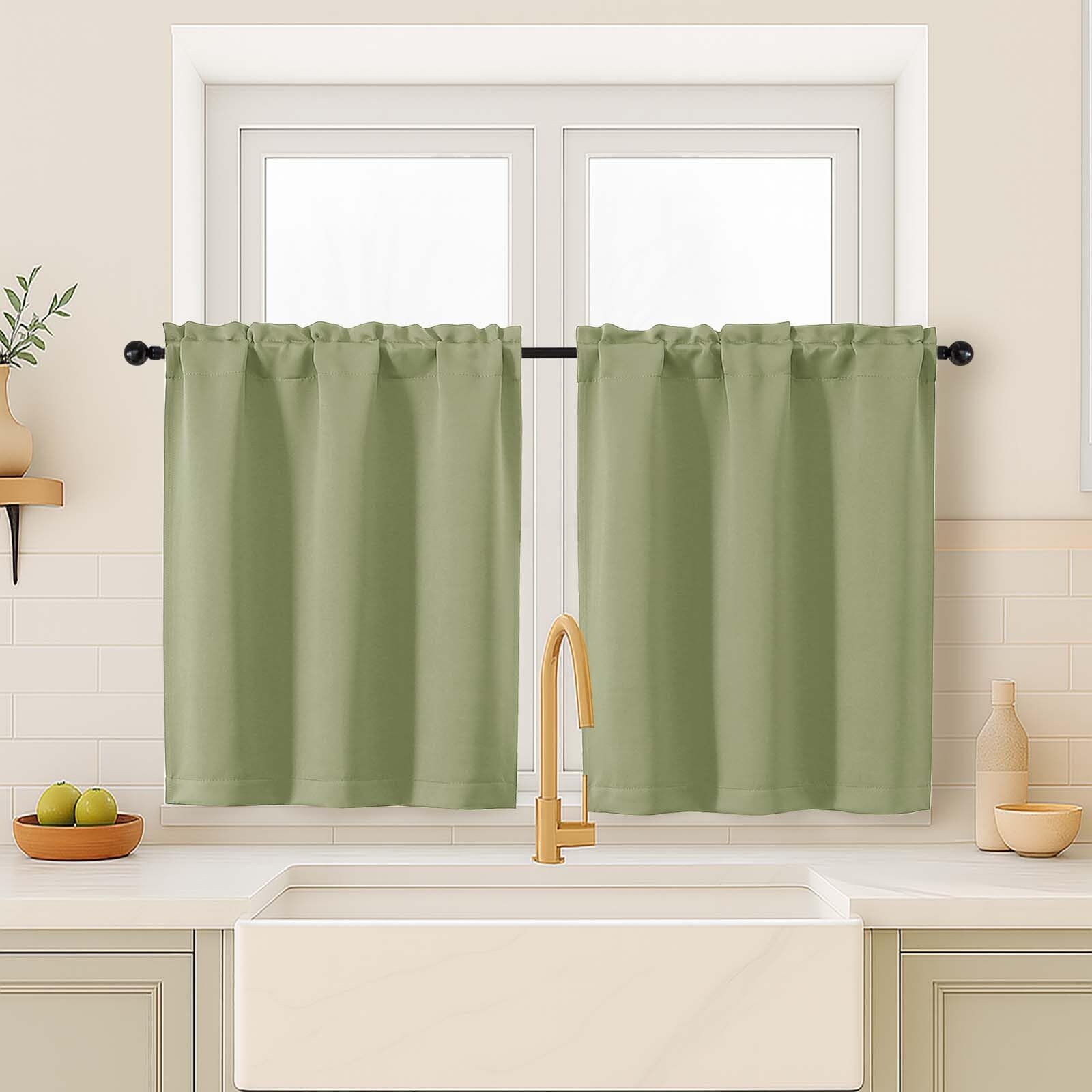 OVZME Sage Green Curtains for Small Window Treatment, Light Blocking Short Kitchen Window Curtains Over Sink, Dual Rod Pocket Half Window Tiers for Bathroom Basement, Each 40Wx36L, 2 PCS