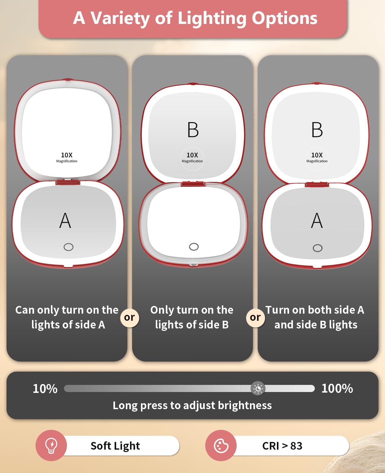 WOBSION Travel Mirror with Light for Makeup 1x/10x Magnifying Compact Mirror for Handbag 10cm Rechargeable Pocket Mirrors - Image 4