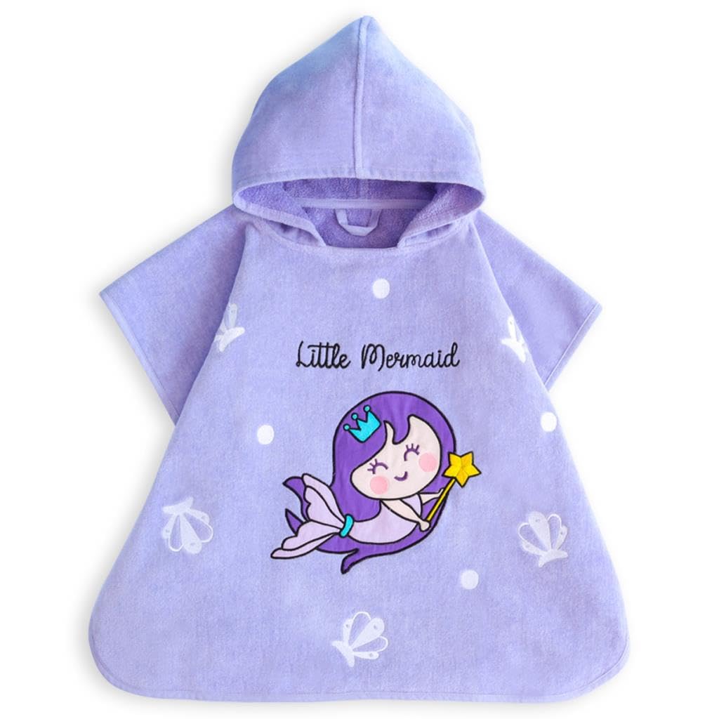 Milk&Moo Little Mermaid Kids Poncho,%100 Cotton, Hooded Beach Towels for Kids, Open Sided, Ultra Soft and Absorbent, Fun Mermaid Embroidery, One Size, 22,5x24 inch (57x61 cm), Purple