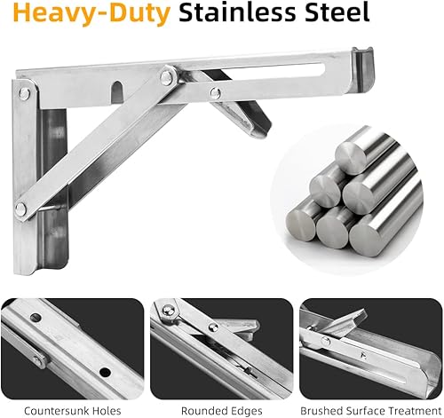 Miniatura 8 de Soportes plegables para estantes, 4 soportes plegables de 12 pulgadas, acero inoxidable resistente, carga máxima, 550 libras, soporte de estante