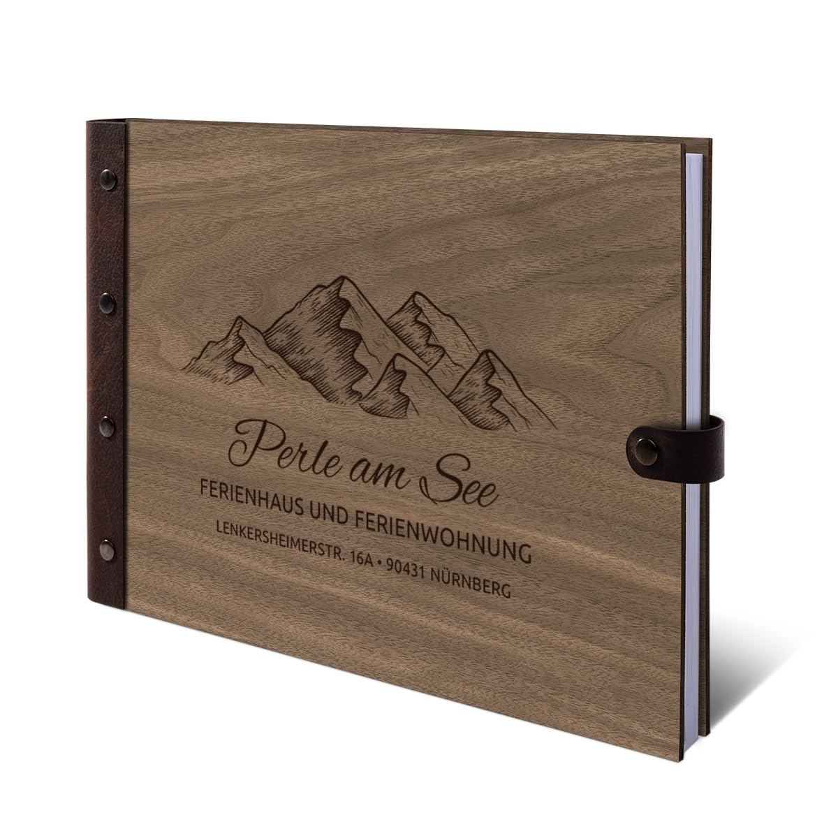 Personalisiertes Ferienwohnung Gästebuch echtes Holz DIN A4 Besucherbuch mit Lasergravur - Berge - mit 72 Blatt / 144 Seiten Naturpapier Weiß